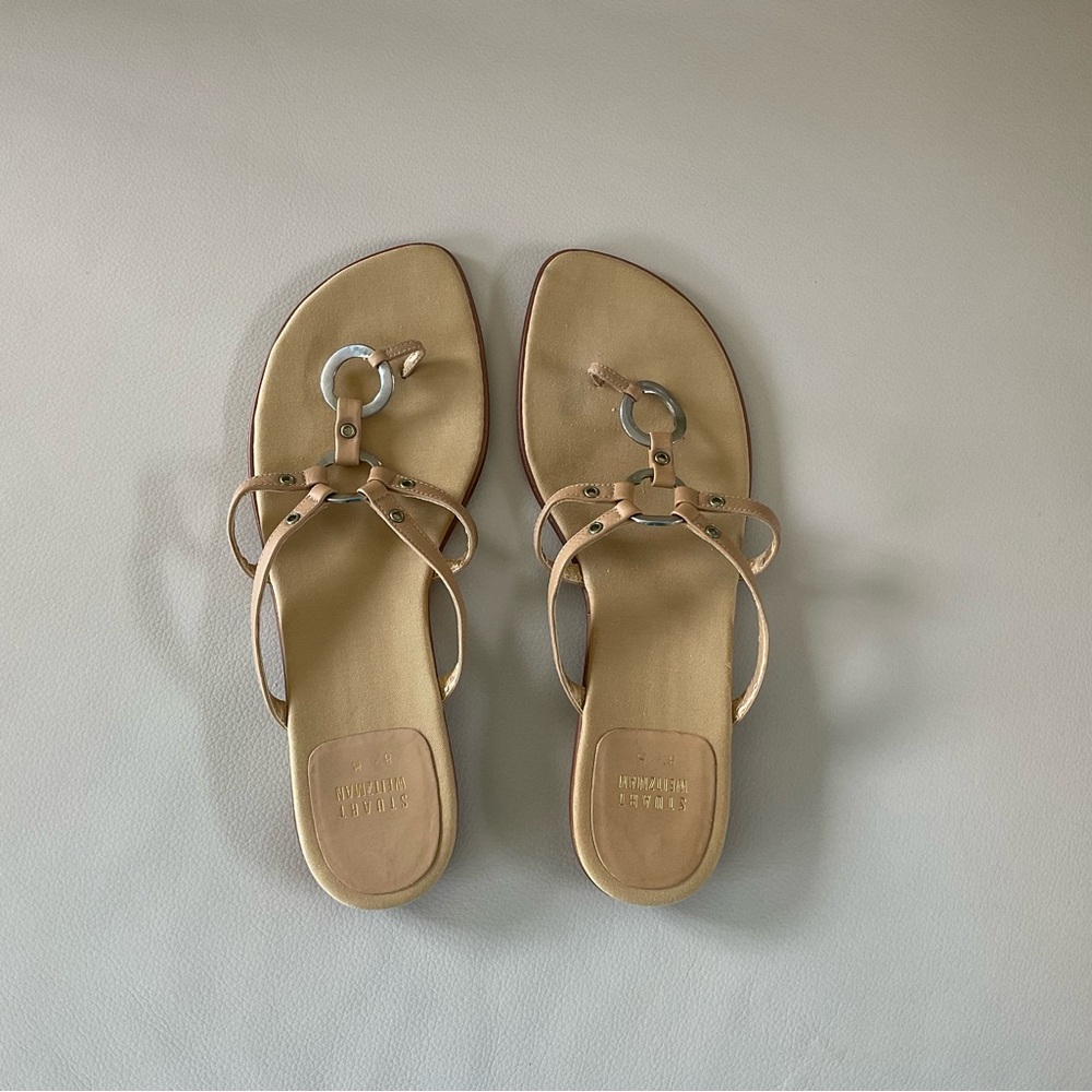 Stuart Weitzman Tan Leather Ring-Detail Slide Sandals, Size 8.5